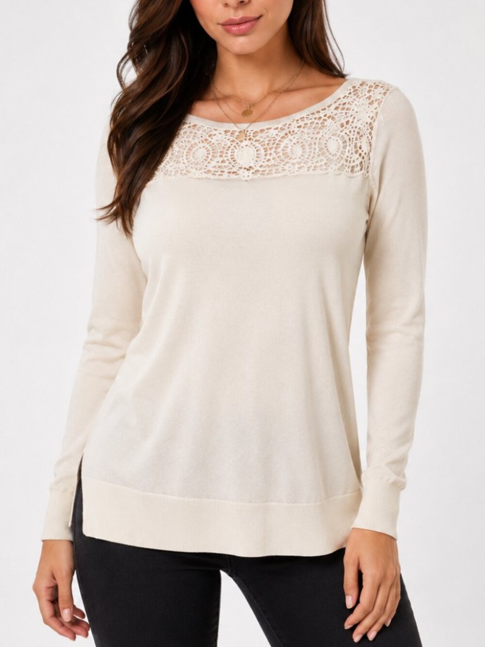 LOFT Women Top XS Beige Lace Long Sleeve Lightweight Casual Soft Knit